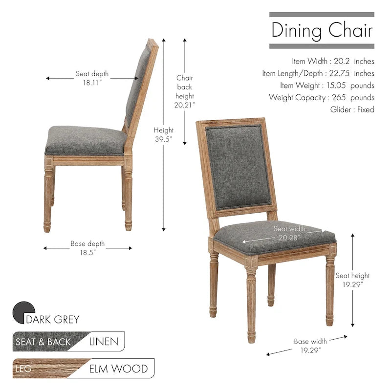 Set di 2 sedie da pranzo, schienale rettangolare, rivestimento in lino, struttura in legno di olmo