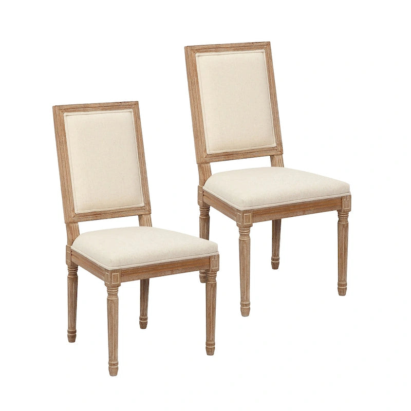Set di 2 sedie da pranzo, schienale rettangolare, rivestimento in lino, struttura in legno di olmo