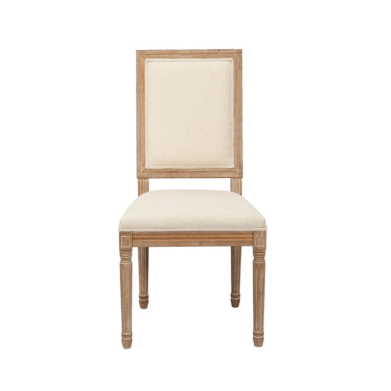 Set di 2 sedie da pranzo, schienale rettangolare, rivestimento in lino, struttura in legno di olmo