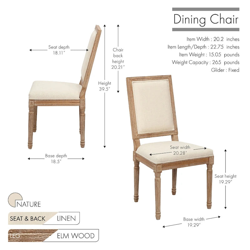 Set di 2 sedie da pranzo, schienale rettangolare, rivestimento in lino, struttura in legno di olmo