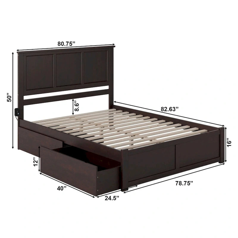 Letto matrimoniale Madison con pediera e 2 cassetti, color espresso