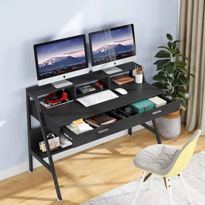 Scrivania per computer da 47 pollici con cassetti, ripiani e scomparto rialzato per monitor