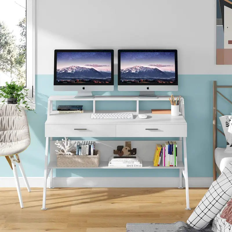 Scrivania per computer da 47 pollici con cassetti, ripiani e scomparto rialzato per monitor