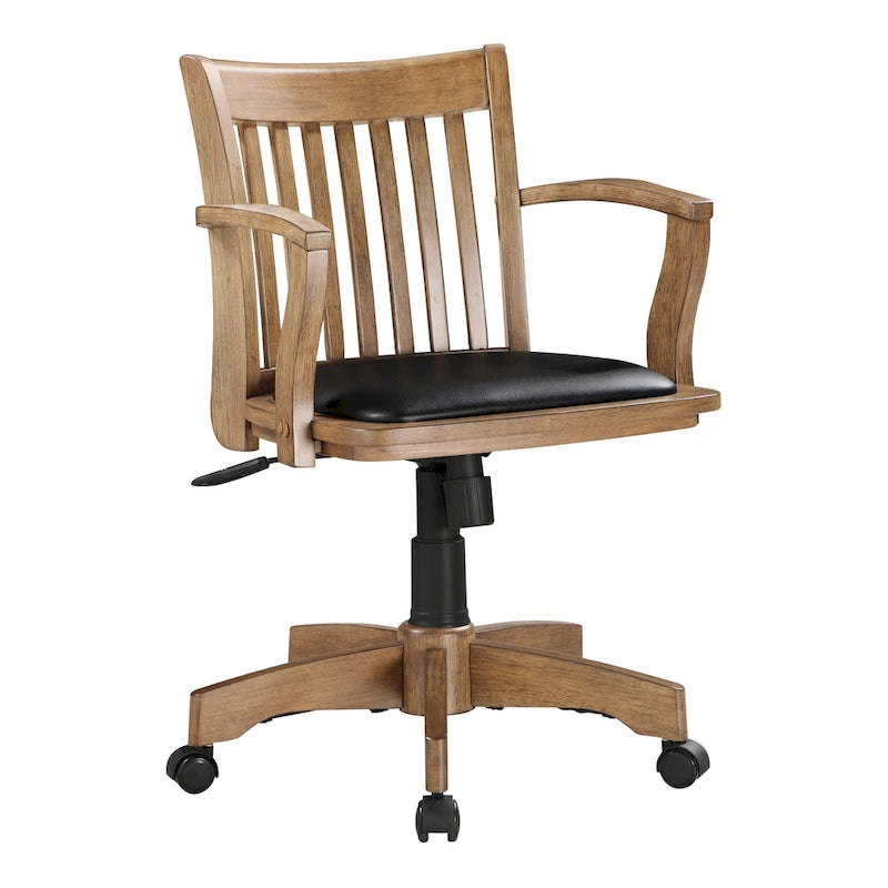 Sedia da banchiere vintage imbottita in legno con regolazione pneumatica dell'altezza