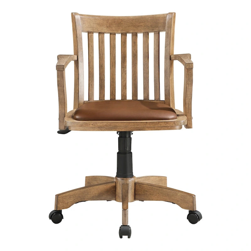 Sedia da banchiere vintage imbottita in legno con regolazione pneumatica dell'altezza