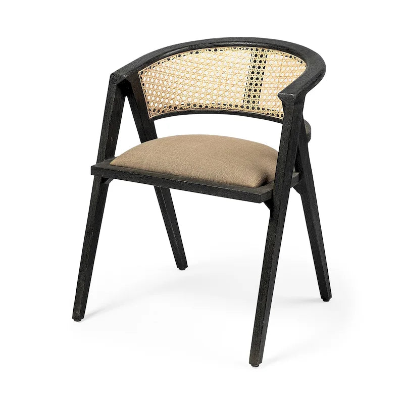 Sedia da pranzo con schienale in canna d'India con seduta in tessuto beige e struttura in legno di mango nero