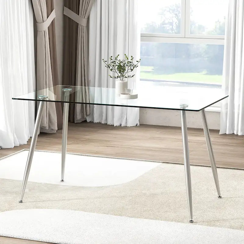 Tavolo da pranzo moderno in vetro, rettangolare, con gambe in metallo