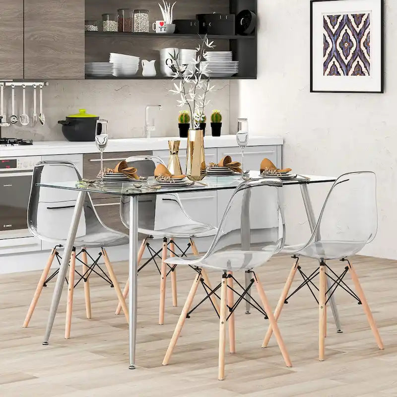 Tavolo da pranzo moderno in vetro, rettangolare, con gambe in metallo