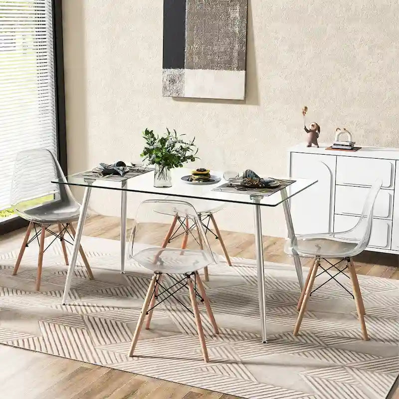 Tavolo da pranzo moderno in vetro, rettangolare, con gambe in metallo