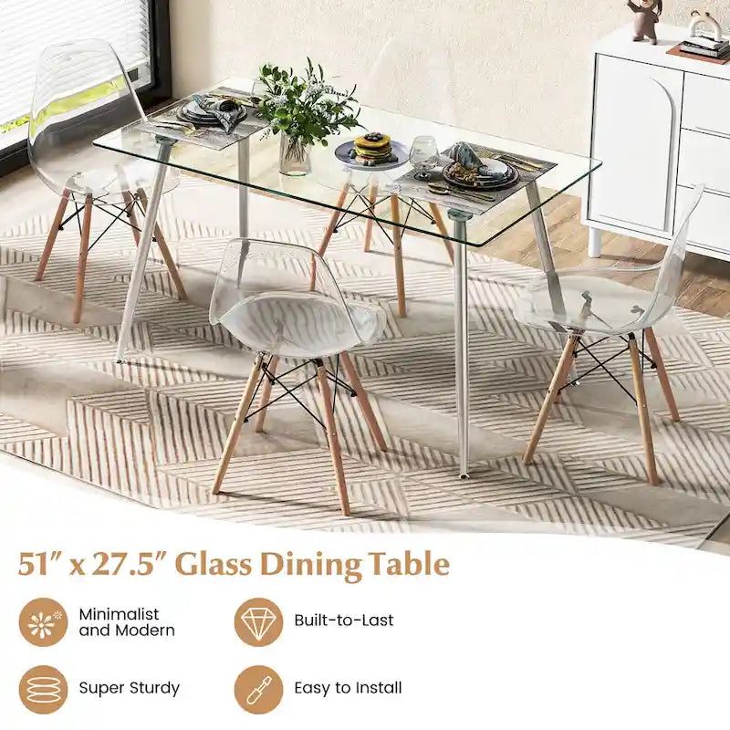 Tavolo da pranzo moderno in vetro, rettangolare, con gambe in metallo