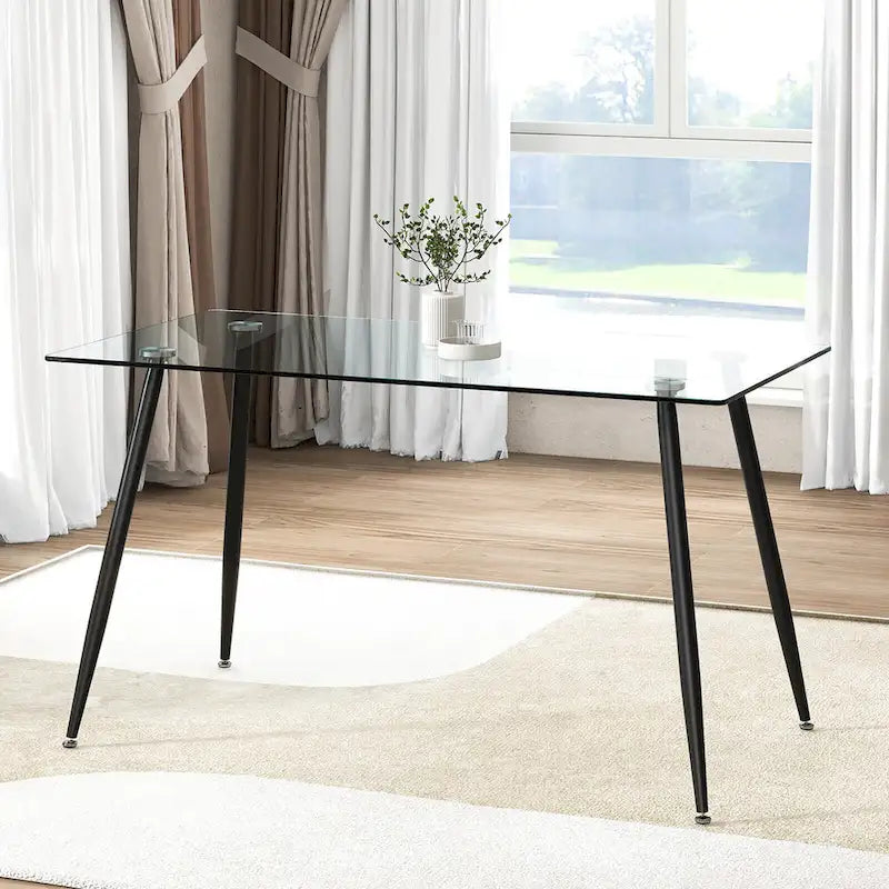 Tavolo da pranzo moderno in vetro, rettangolare, con gambe in metallo