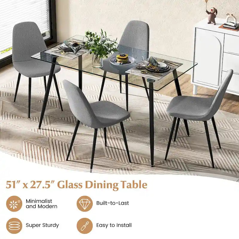 Tavolo da pranzo moderno in vetro, rettangolare, con gambe in metallo