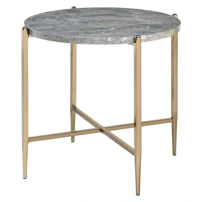 Tavolino con Piano Ovale in Marmo e Supporto a X - Grigio e Oro - 66 L x 66 P x 60 H cm