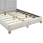 Letto matrimoniale imbottito con struttura in legno e doghe, con gambe di supporto