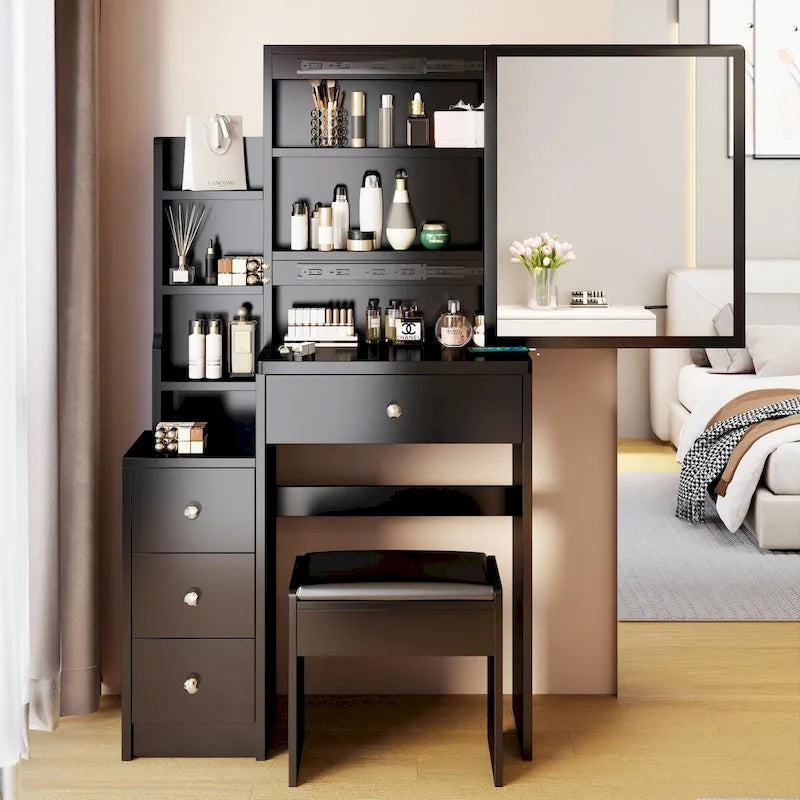 Set Scrivania Toeletta da Trucco con Specchio Scorrevole e Sgabello Imbottito
