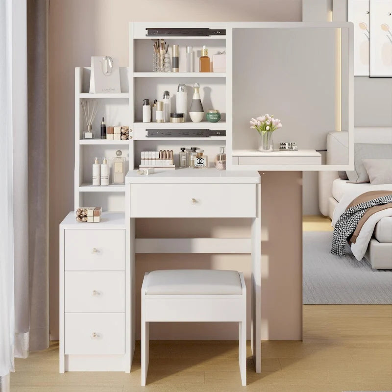 Set Scrivania Toeletta da Trucco con Specchio Scorrevole e Sgabello Imbottito