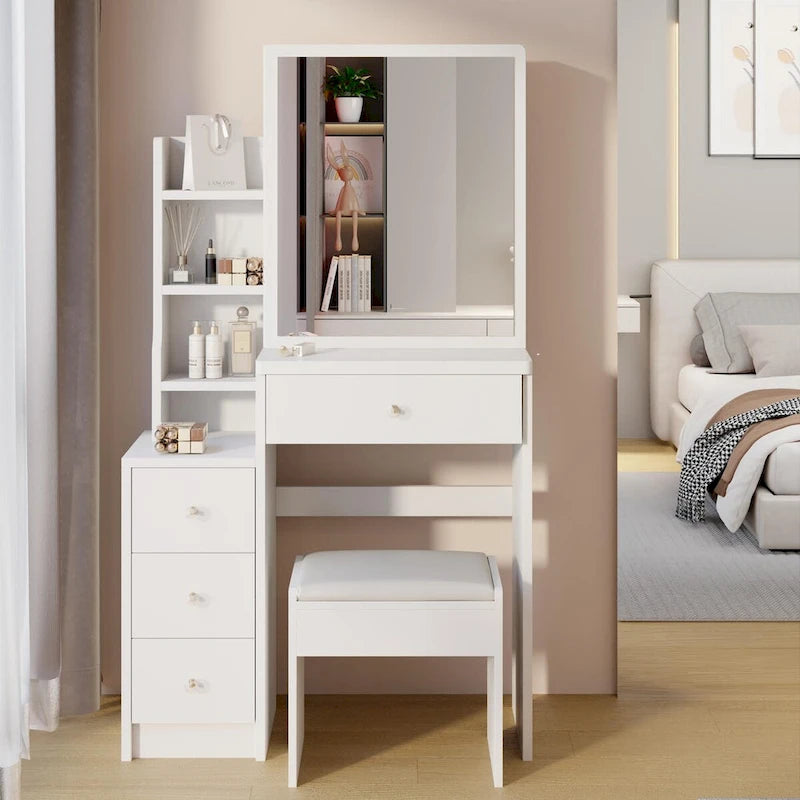 Set Scrivania Toeletta da Trucco con Specchio Scorrevole e Sgabello Imbottito