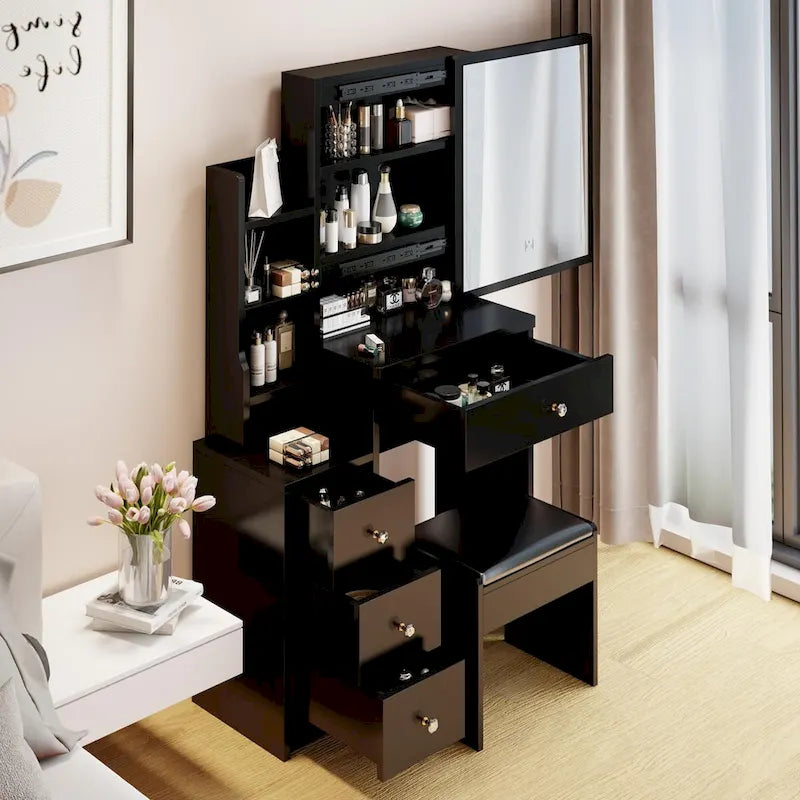 Set Scrivania Toeletta da Trucco con Specchio Scorrevole e Sgabello Imbottito