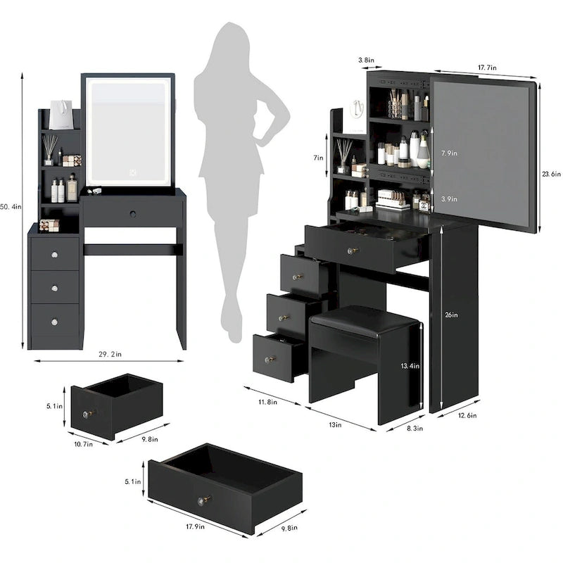 Set Scrivania Toeletta da Trucco con Specchio Scorrevole e Sgabello Imbottito