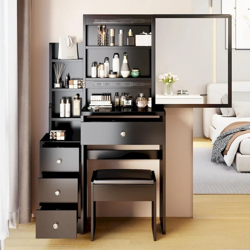 Set Scrivania Toeletta da Trucco con Specchio Scorrevole e Sgabello Imbottito