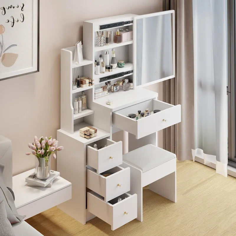 Set Scrivania Toeletta da Trucco con Specchio Scorrevole e Sgabello Imbottito