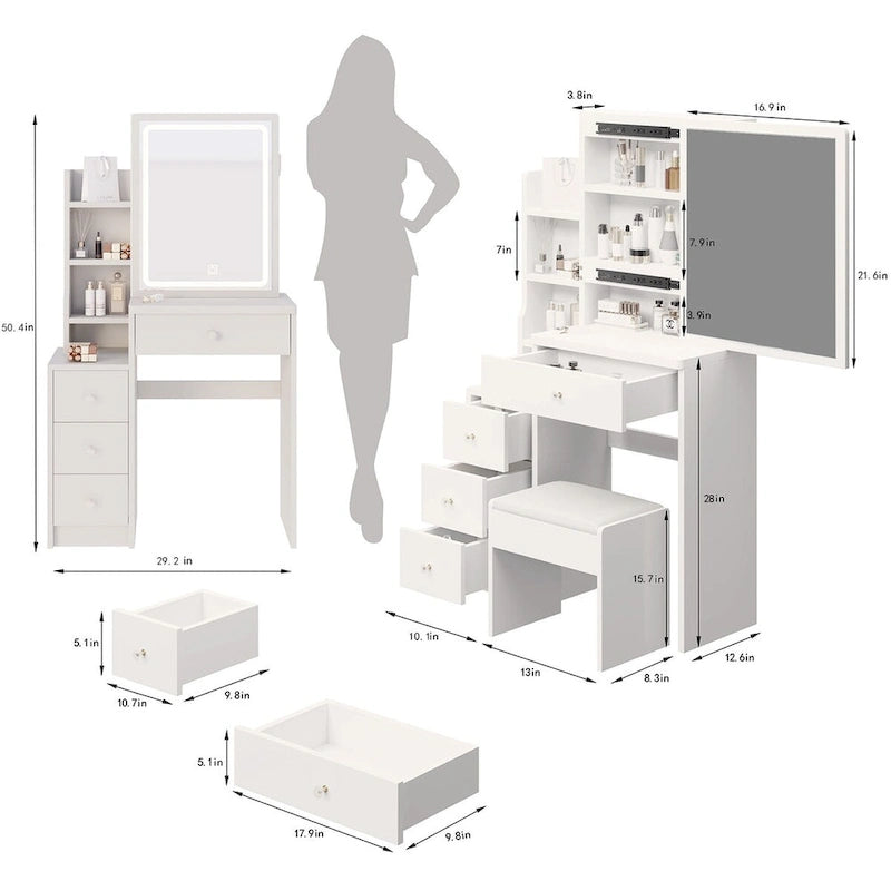Set Scrivania Toeletta da Trucco con Specchio Scorrevole e Sgabello Imbottito