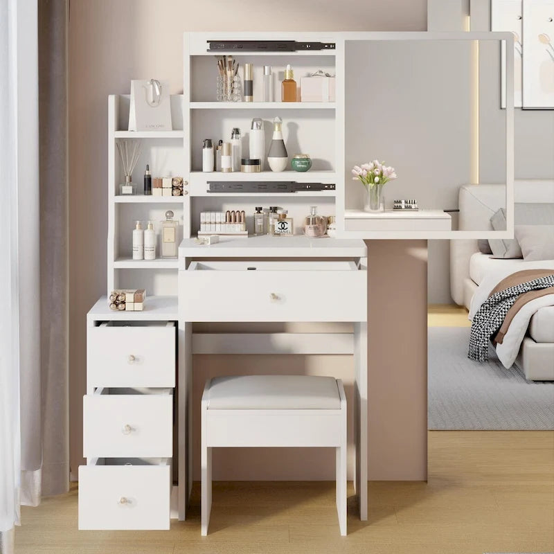 Set Scrivania Toeletta da Trucco con Specchio Scorrevole e Sgabello Imbottito