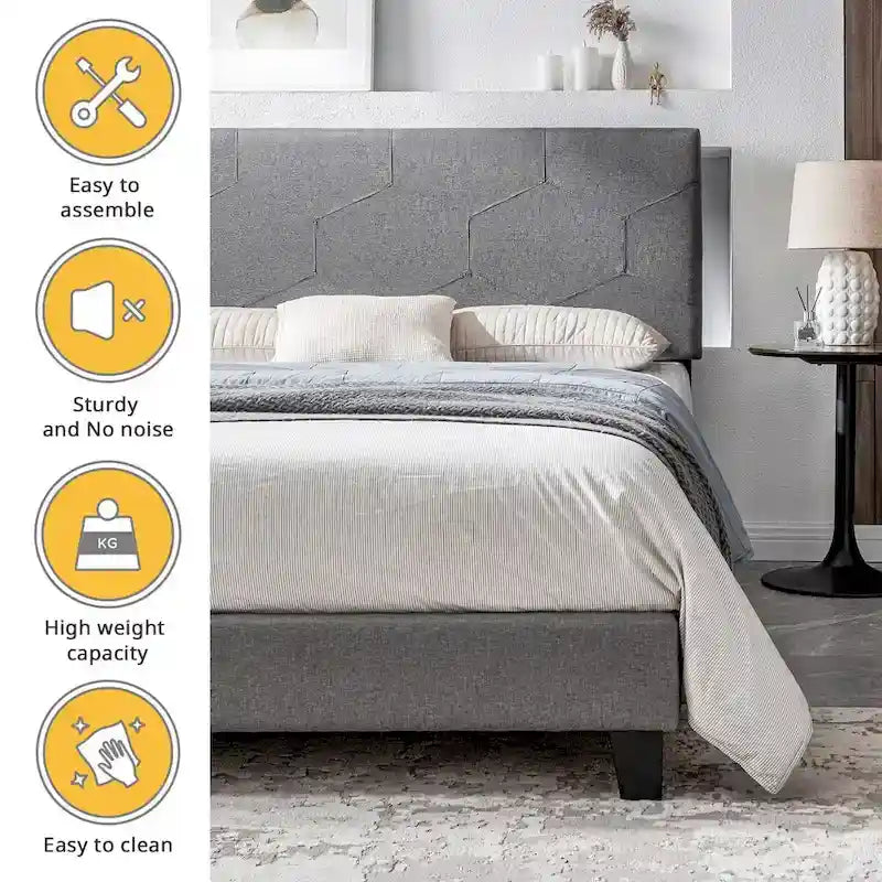 Struttura letto imbottita con piattaforma Queen Size, supporto a doghe in legno