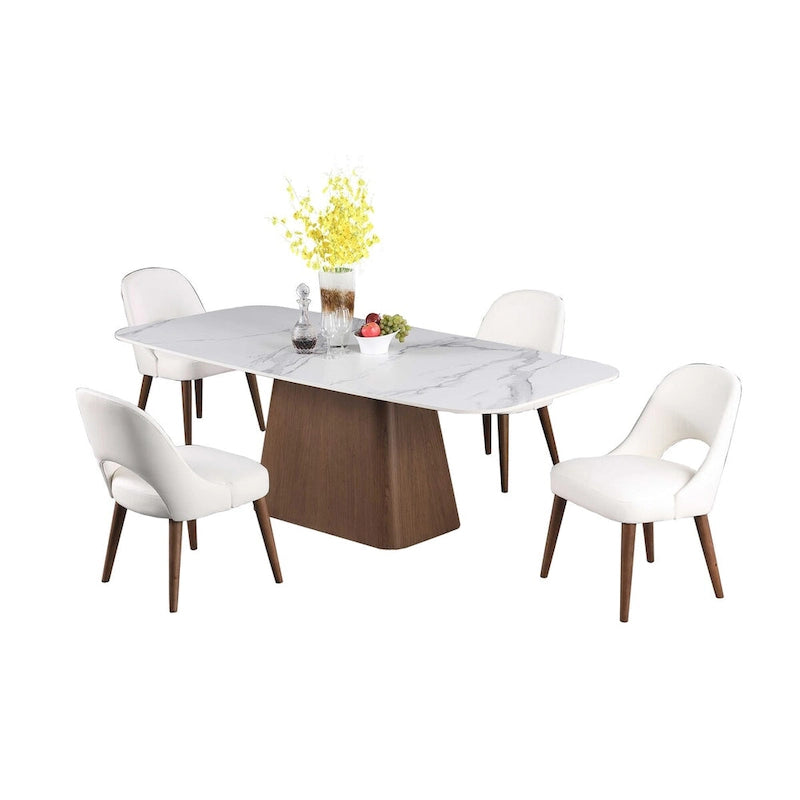 Set da pranzo moderno con piano in pietra sinterizzata effetto marmo e base in noce