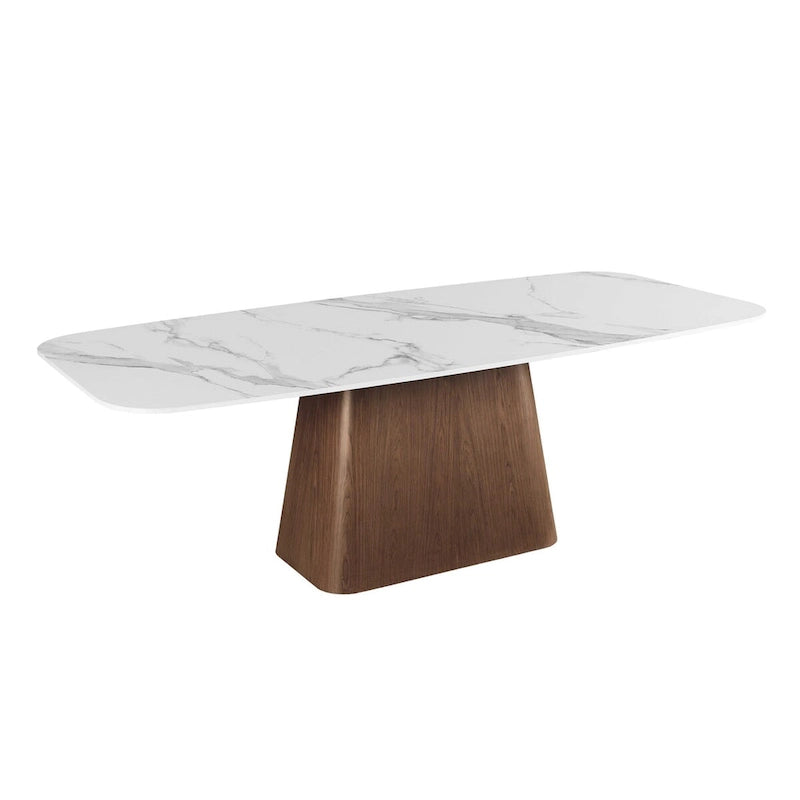 Set da pranzo moderno con piano in pietra sinterizzata effetto marmo e base in noce