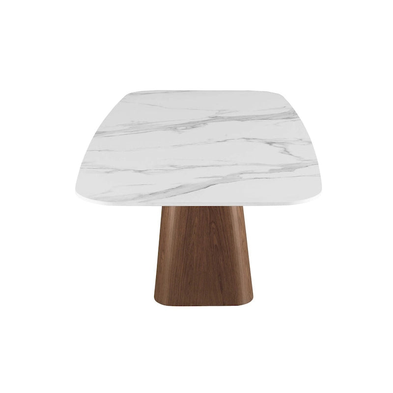 Set da pranzo moderno con piano in pietra sinterizzata effetto marmo e base in noce