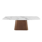 Set da pranzo moderno con piano in pietra sinterizzata effetto marmo e base in noce