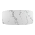 Set da pranzo moderno con piano in pietra sinterizzata effetto marmo e base in noce