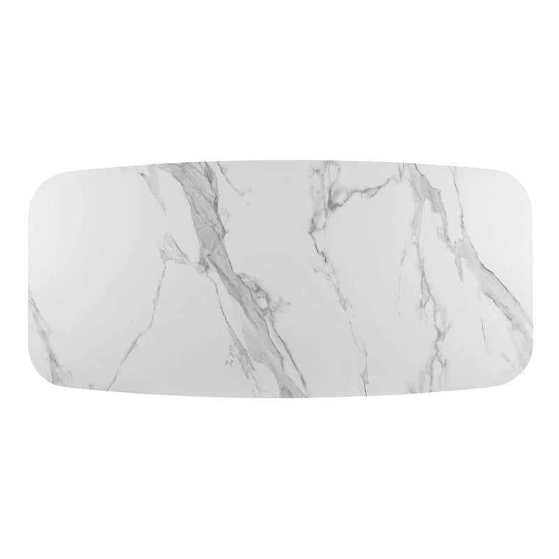 Set da pranzo moderno con piano in pietra sinterizzata effetto marmo e base in noce