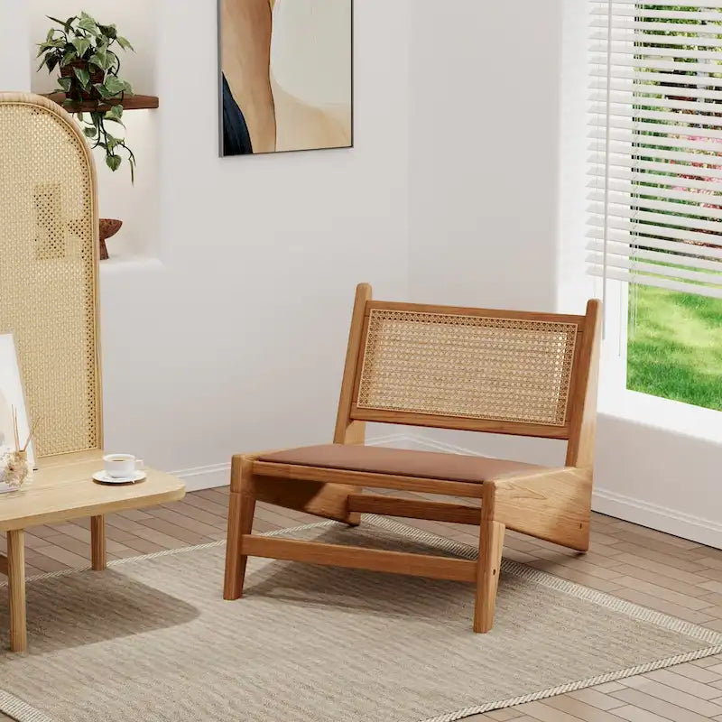 Sedie in Rattan, Sedia a Sdraio Moderna di Metà Secolo senza Braccioli, Sedia da Soggiorno, Sedia Boho con Struttura in Legno