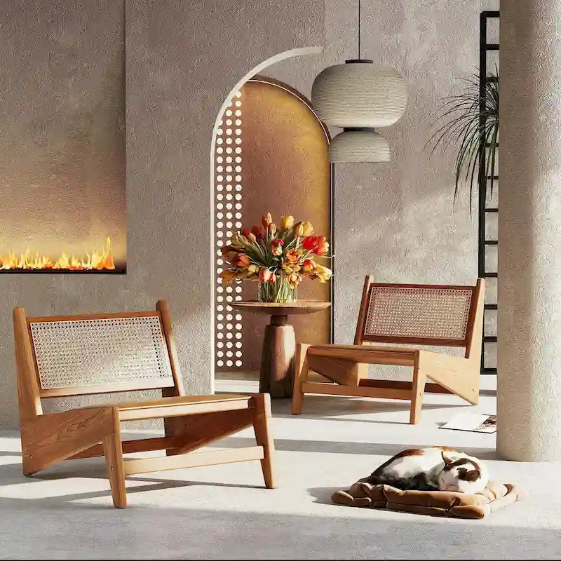 Sedie in Rattan, Sedia a Sdraio Moderna di Metà Secolo senza Braccioli, Sedia da Soggiorno, Sedia Boho con Struttura in Legno
