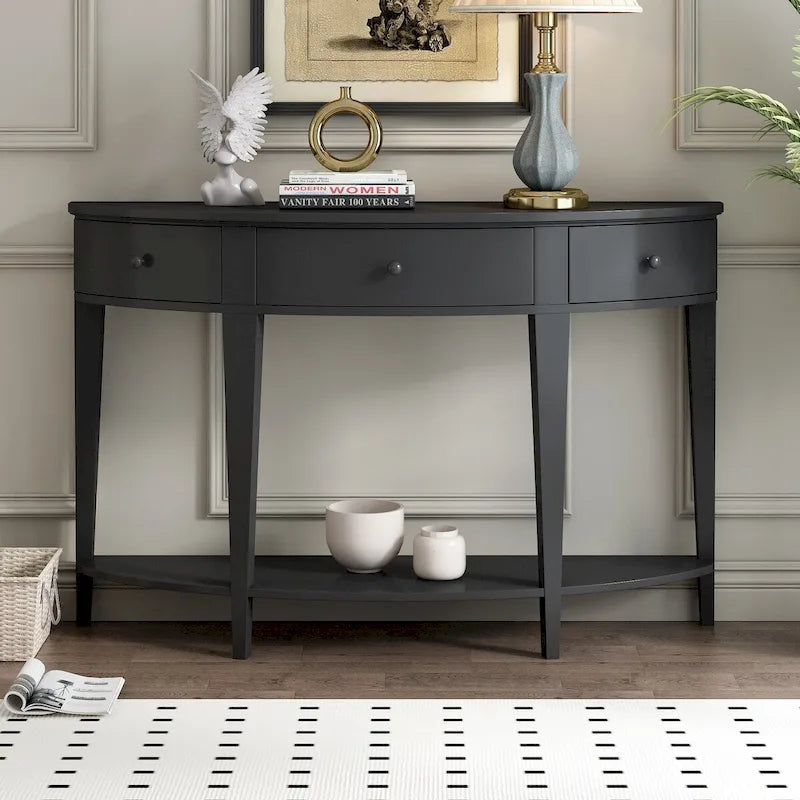 Tavolo Consolle Moderno Curvo, Tavolino da Divano, 3 cassetti, 1 ripiano, Nero