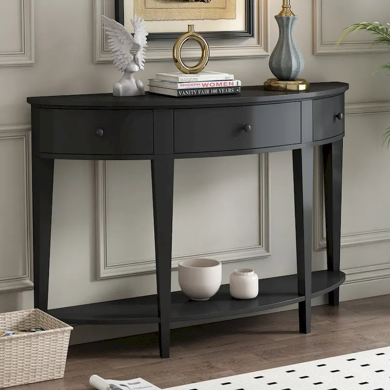 Tavolo Consolle Moderno Curvo, Tavolino da Divano, 3 cassetti, 1 ripiano, Nero