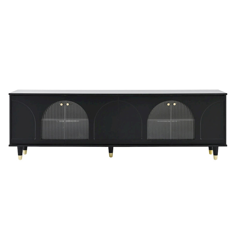 Elegante consolle multimediale con maniglie dorate e ante in vetro a coste ad arco