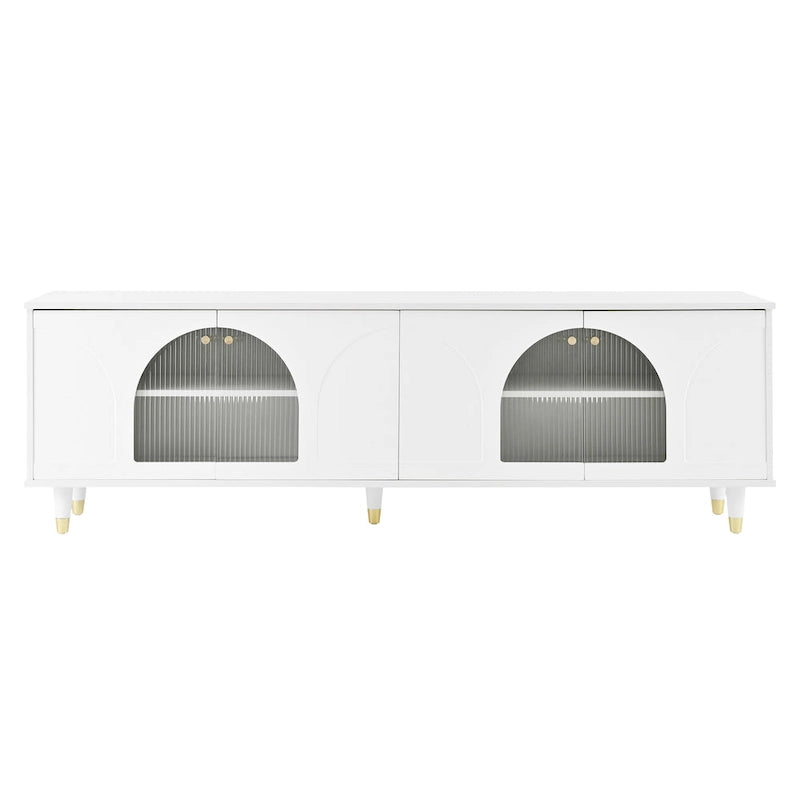 Elegante consolle multimediale con maniglie dorate e ante in vetro a coste ad arco