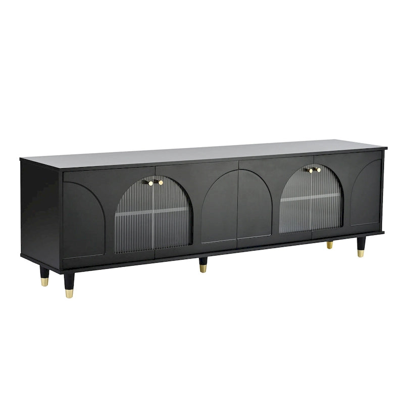 Elegante consolle multimediale con maniglie dorate e ante in vetro a coste ad arco