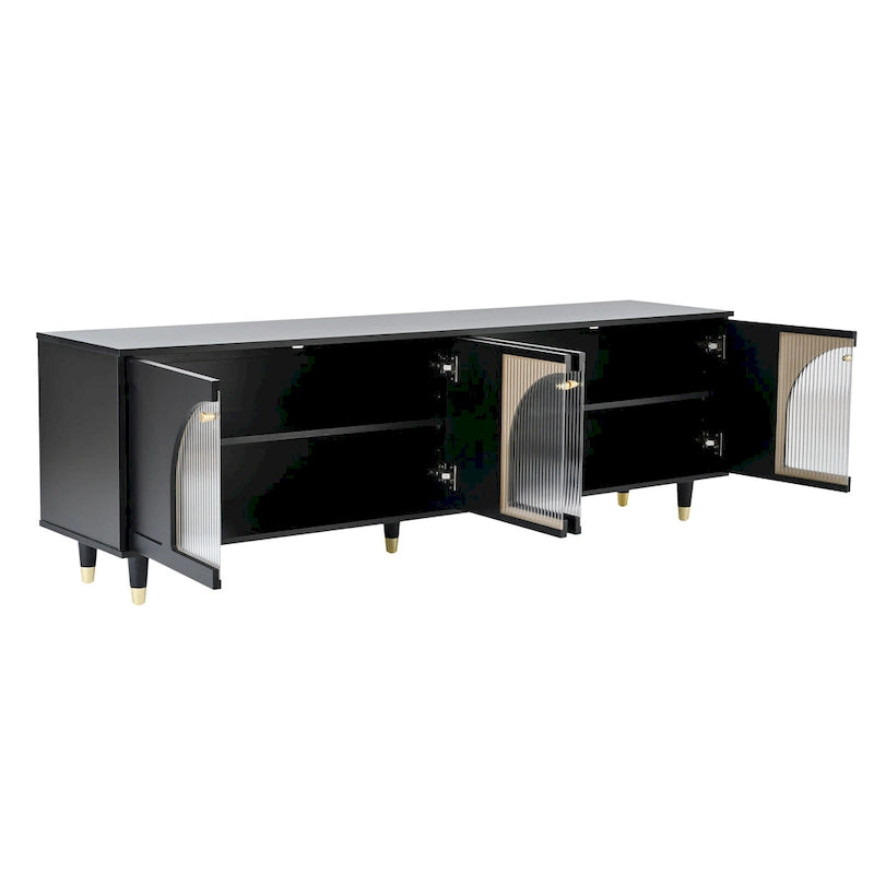 Elegante consolle multimediale con maniglie dorate e ante in vetro a coste ad arco