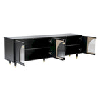 Elegante consolle multimediale con maniglie dorate e ante in vetro a coste ad arco
