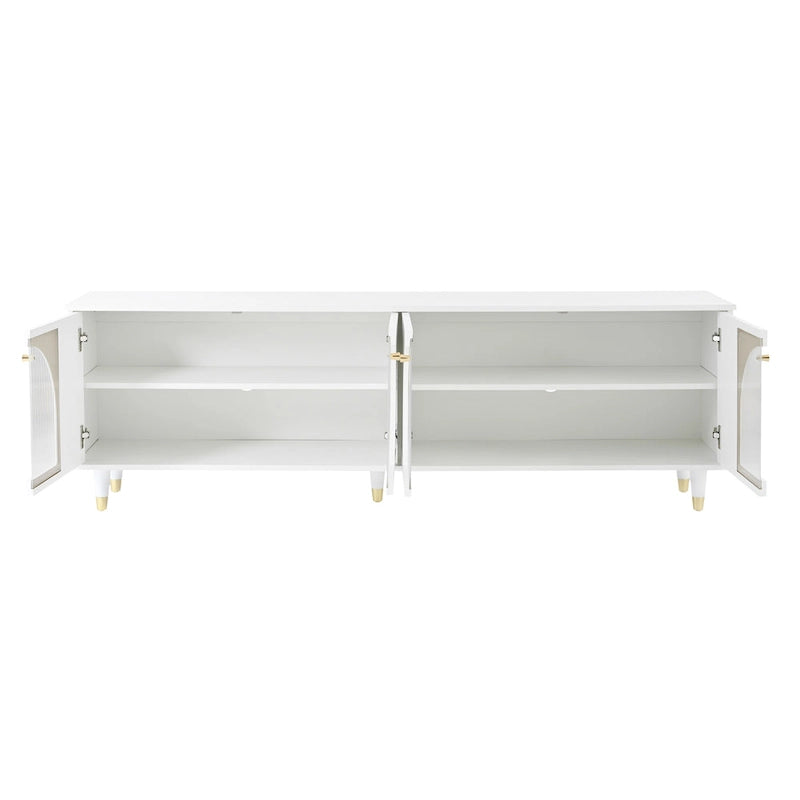 Elegante consolle multimediale con maniglie dorate e ante in vetro a coste ad arco