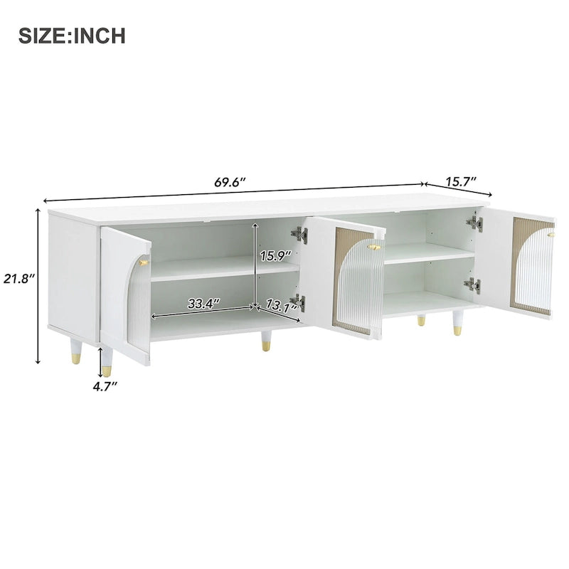 Elegante consolle multimediale con maniglie dorate e ante in vetro a coste ad arco
