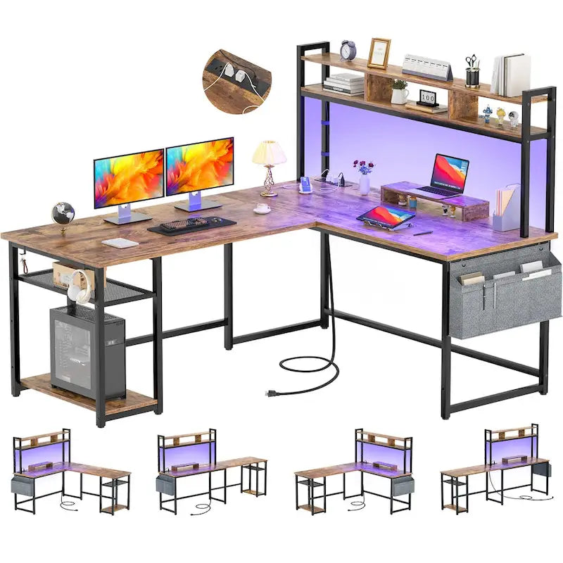 Scrivania da gioco a L in legno con ripiano e porta USB