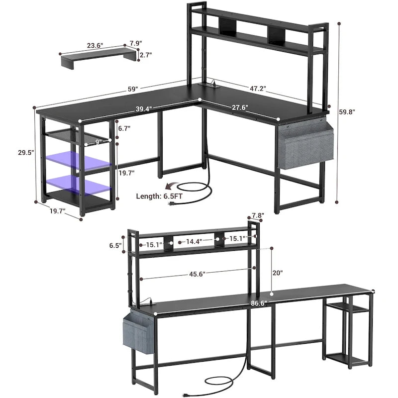 Scrivania da gioco a L in legno con ripiano e porta USB