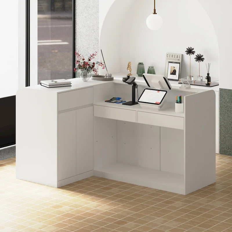 Scrivania di benvenuto bianca con cassetto laterale e armadietto - Soluzione per la reception