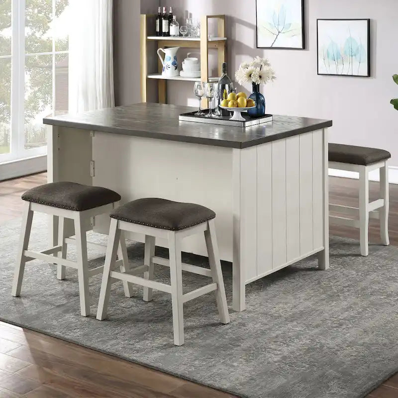 Set da pranzo da 4 pezzi in legno bianco sporco transizionale altezza bancone con spazio contenitore